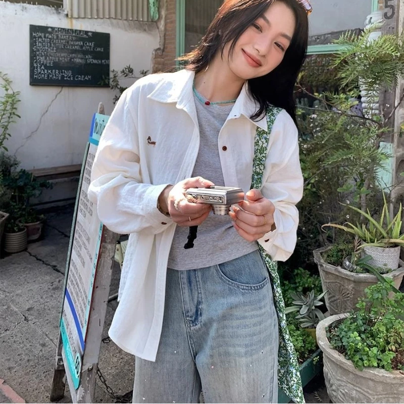 Deeptown Cartoon Embroidered Women's Shirts Basic Long Sleeve Korean Fashion Blouses Loose Solid Color Casual Aesthetic New