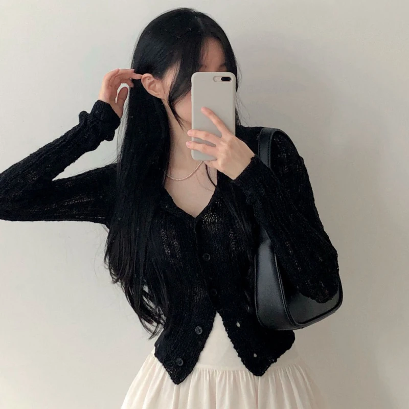 REALEFT Spring Summer Hollow Out Crochet Women's Blouses 2025 New Long Sleeve Knitted Navy Collar Single Breasted Shirts Womens