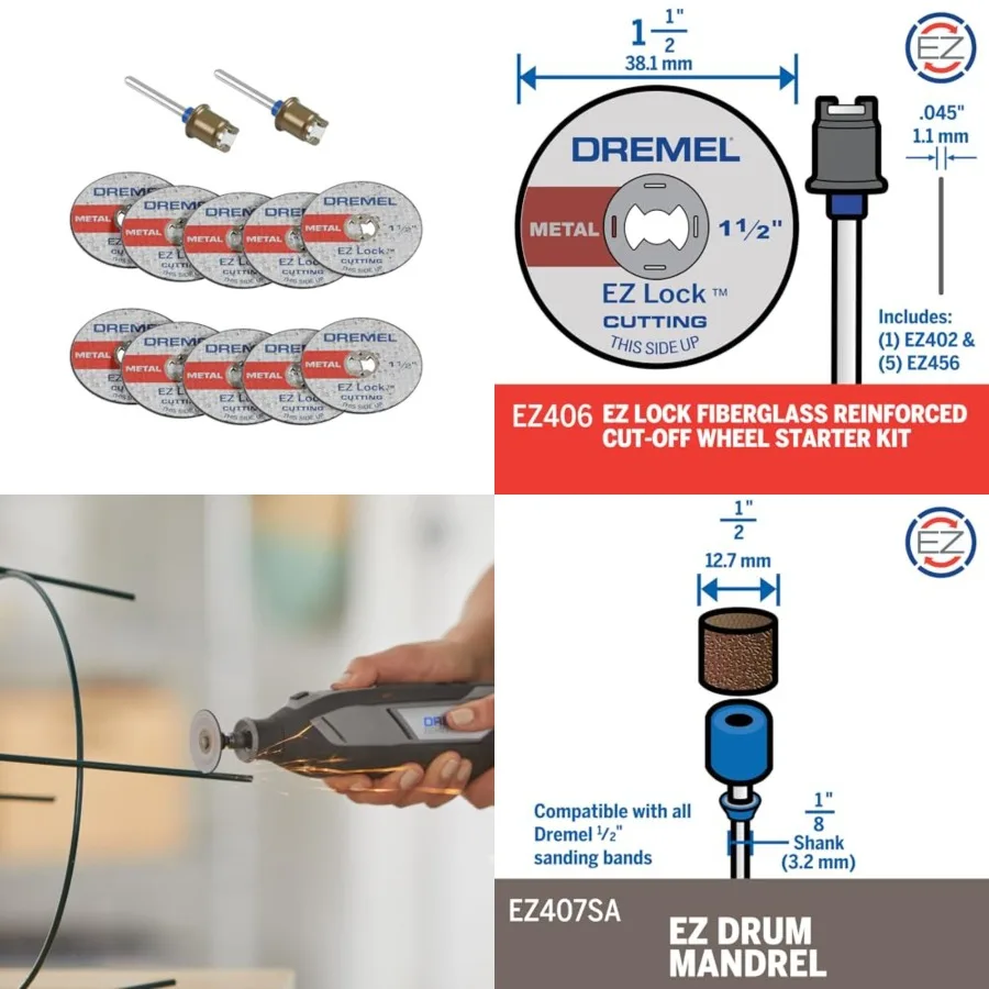 

EZ406-02, EZ - Lock Starter Kit, 1 1/2-Inch 38.1 mm Wheel Diameter, 5 Pcs Fiberglass Reinforced Cut-Off Wheels and EZ402 Mandre