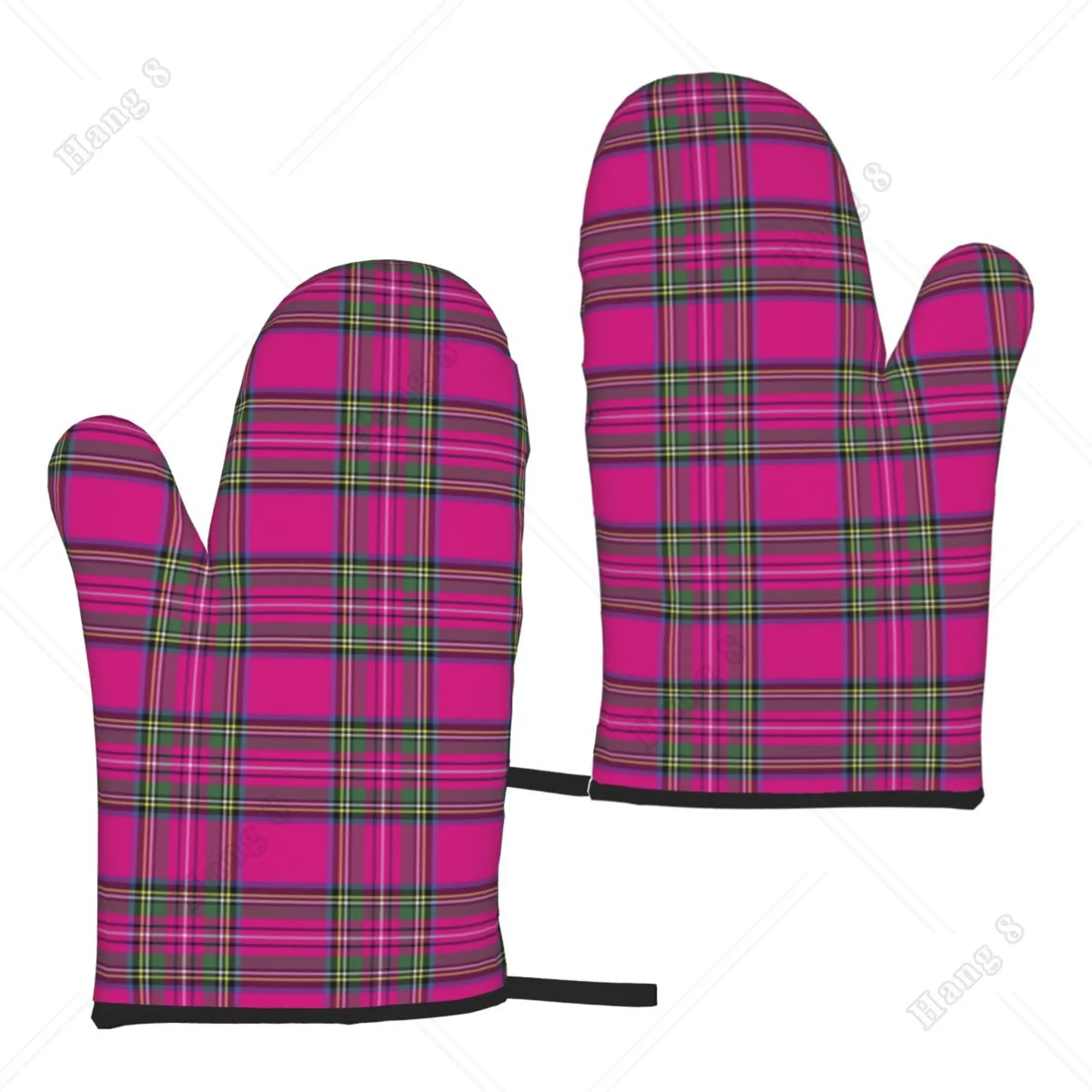 

Tartan Plaid Purple Green Oven Mitts Kitchen Gloves 2pc for Women Baking Waterproof Heat Resistant Cooking Hangable Grilling