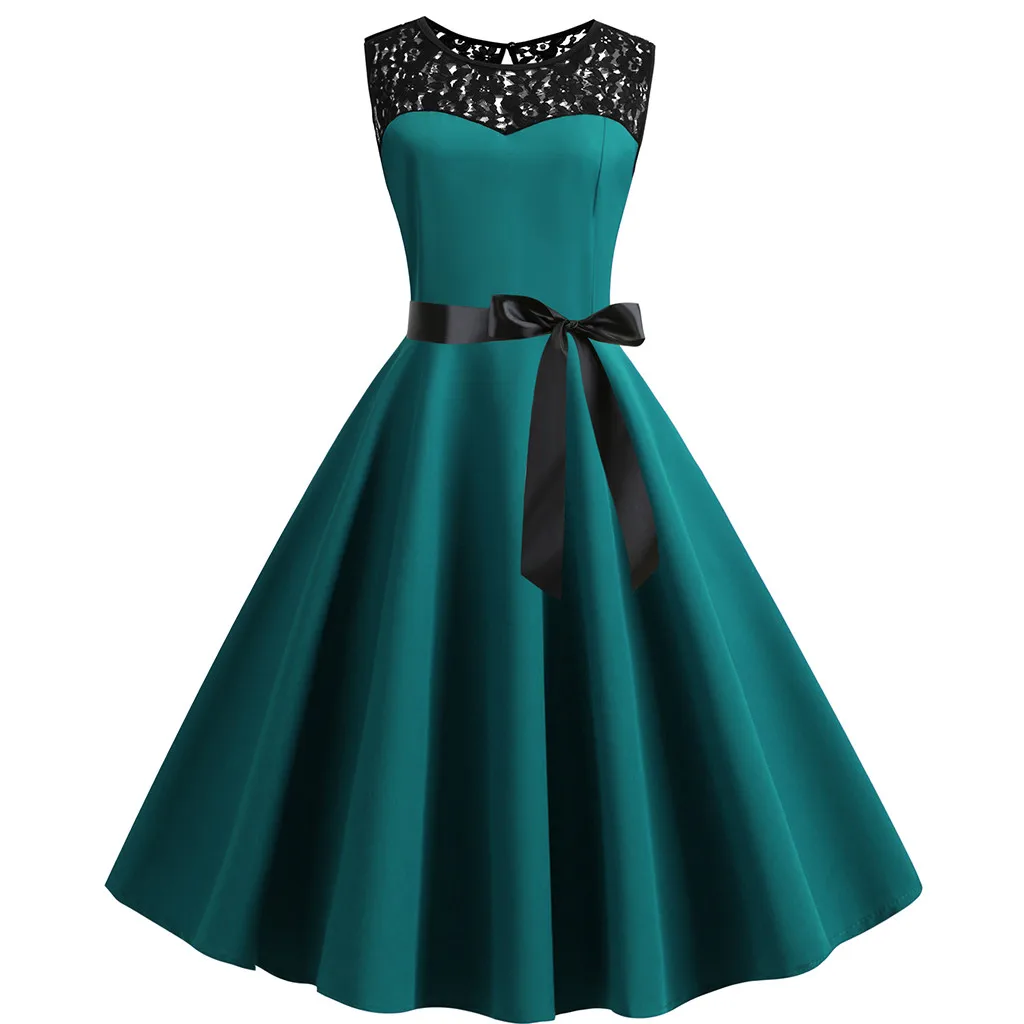 1950s donne Vintage senza maniche in pizzo giuntura solido Swing Dress da donna retrò Prom Party Dress Ladies Vestidos