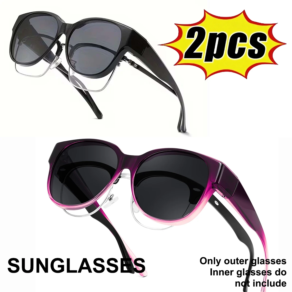

Fit Over Glasses Sunglasses for Women & Men, Stylish Cat Eye Design Sun Glasses 100% UV Protection T03 2pack