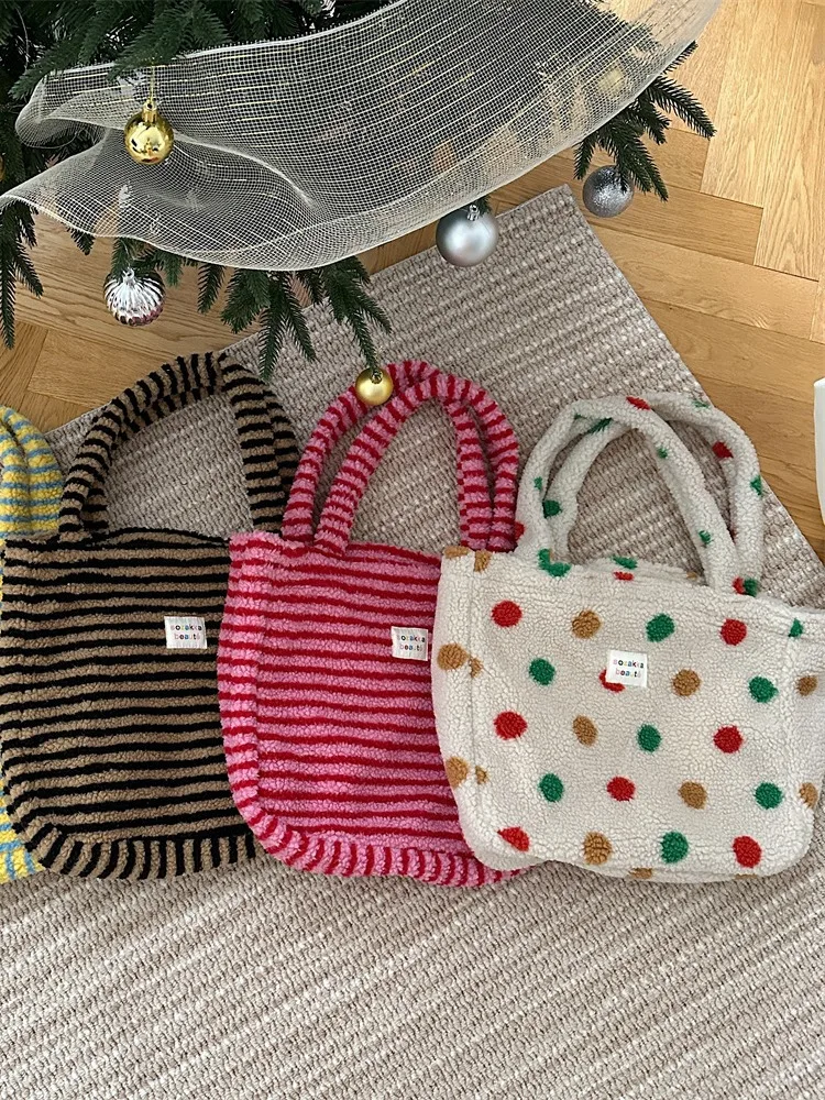 Cute Lamb Plush Shoulder Bags For Women Casual Stripe Tote Handbags Large Capacity Soft Fluffy Travel Shopping School Book Bag