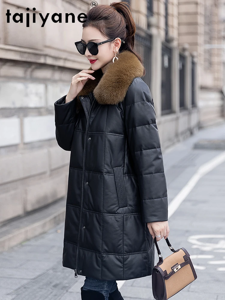 TAJIYANE 100% جلد الغنم بطة أسفل معطف أسود حقيقي جلدية سترة منفوخة النساء مع الثعلب الفراء طوق الملابس الشتوية 2025 doblianка