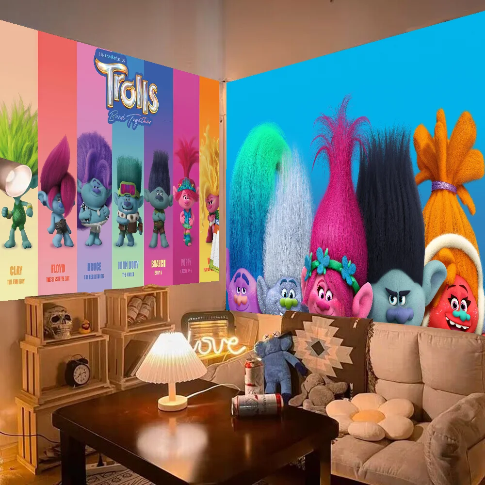 Fondo de cartel de feliz cumpleaños de dibujos animados de T-Trolls para decoración de fondo de fiesta de pancarta de cumpleaños