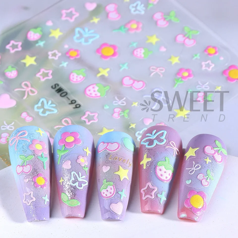 2 piezas de calcomanías de arte de uñas con elementos dulces, flores simples, corazones, cerezas, fresas, calcomanías kawaii, lazos coloridos, mariposas, sliders de manicura 5