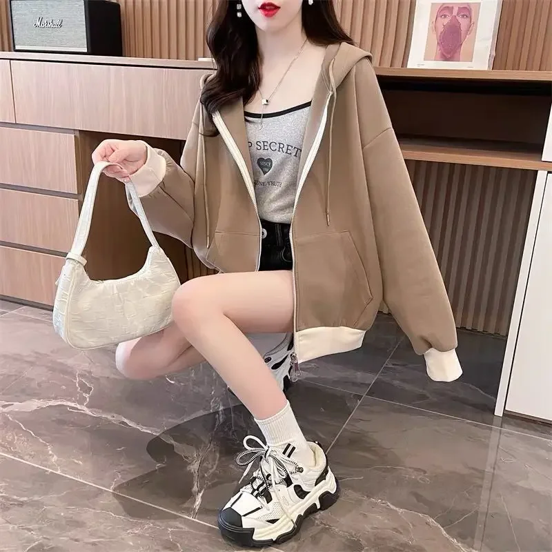 European Style New Solid Color Hooded Retro Color Blocking Hoodie Women Ins Spring and Autumn Zippered Casual Short Jacket Top