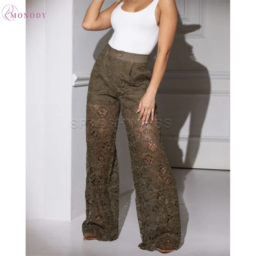 

Sexy Sheer Lace Pants Women's See-Through Slim Straight Leg Trousers Fashion Elegant High Waist Casual Pants