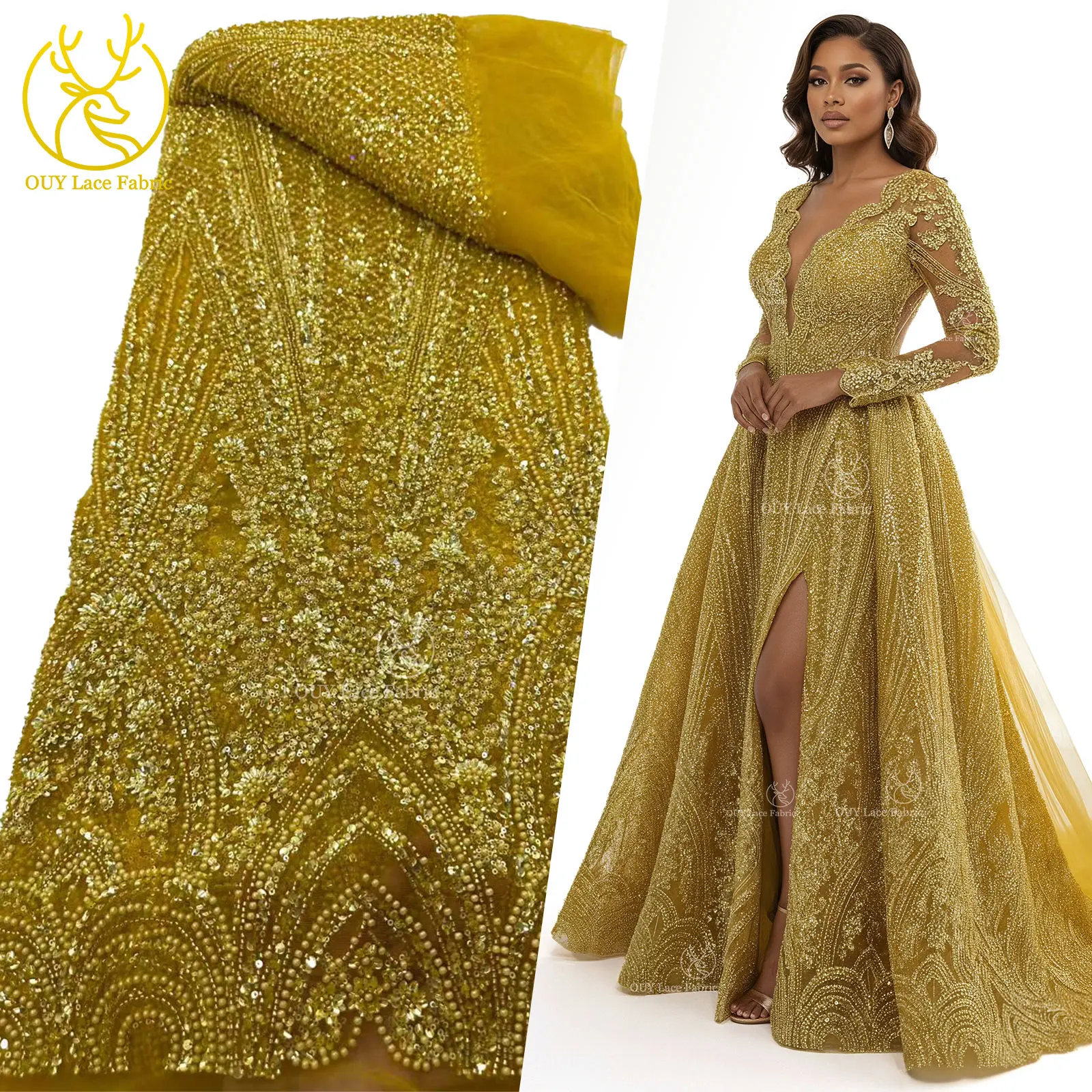 Meeresblau 2025, neuer afrikanischer handgefertigter Perlen-Pailletten-Spitzenstoff, französisch-nigerischer Tüll-Spitzenstoff, geeignet zum Nähen von Abendkleidern