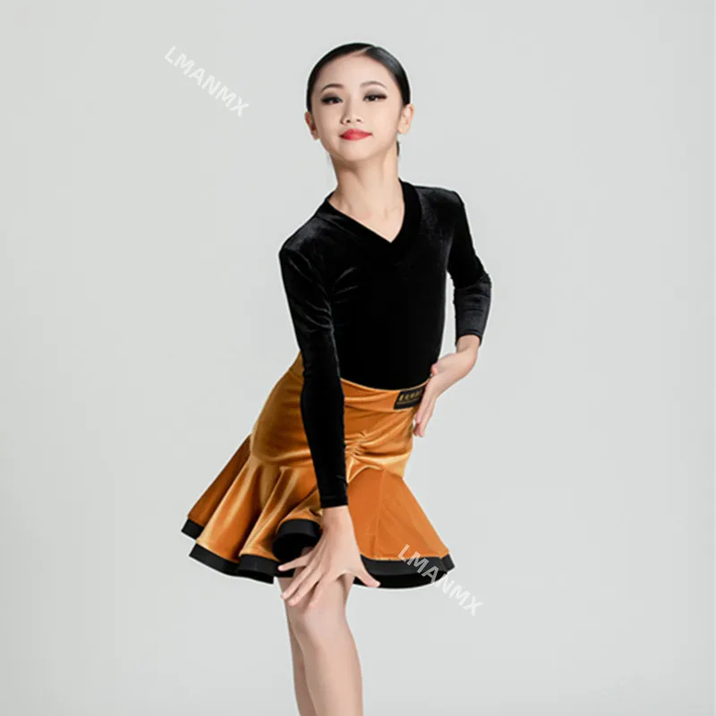 

Autumn and Winter Latin Practice Dance Dress Long Sleeve Performance Practice Set Girls' Velvet Dance Performance Dress