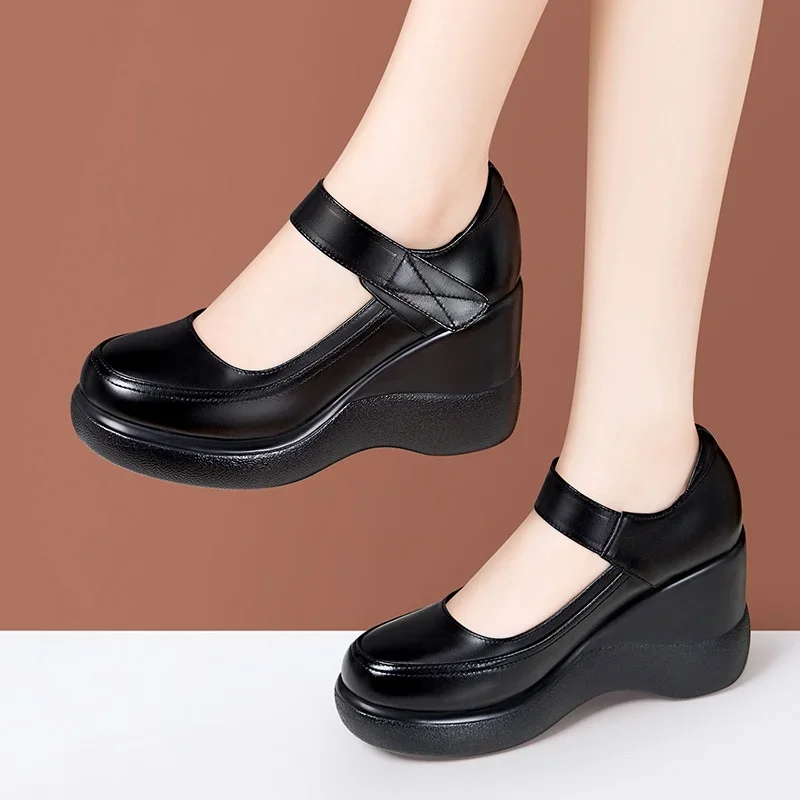 8cm Breathable Comfortable Shallow Thick Bottom Platform Wedges Shoes 2025 Spring Genuine Leather Shoes Woman High Heels for Mom