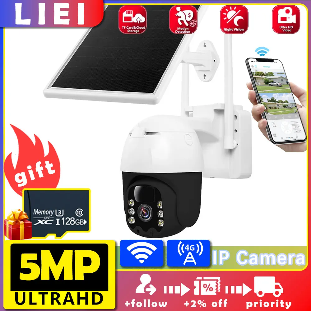 

LIEI Solar Power 5MP UHD Dual Lens Surveillance Camera WIFI/4G US PTZ IP Camera 360 Full Color AI Humanoid Detection Security