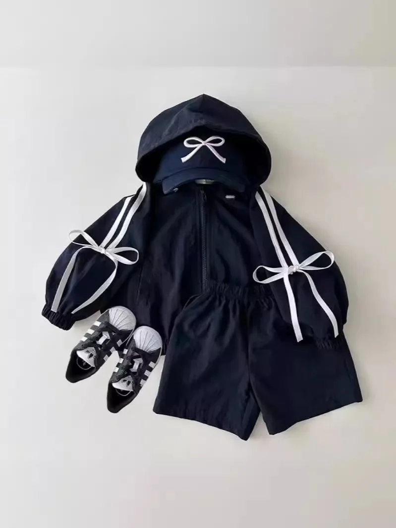 Summer New Children Long Sleeve Sunscreen Set Baby Girls Hooded Cardigan Coat Toddler Floral Bow Shorts Suit Kids Casual Outfits