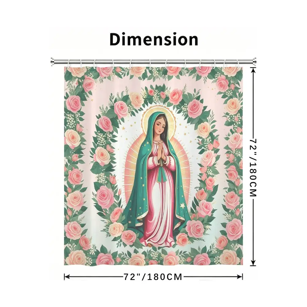 Virgin Mary Shower Curtain Floral Rose Print Waterproof Fabric Religious Bathroom Decor Christian Home Gift Spiritual Bath Set