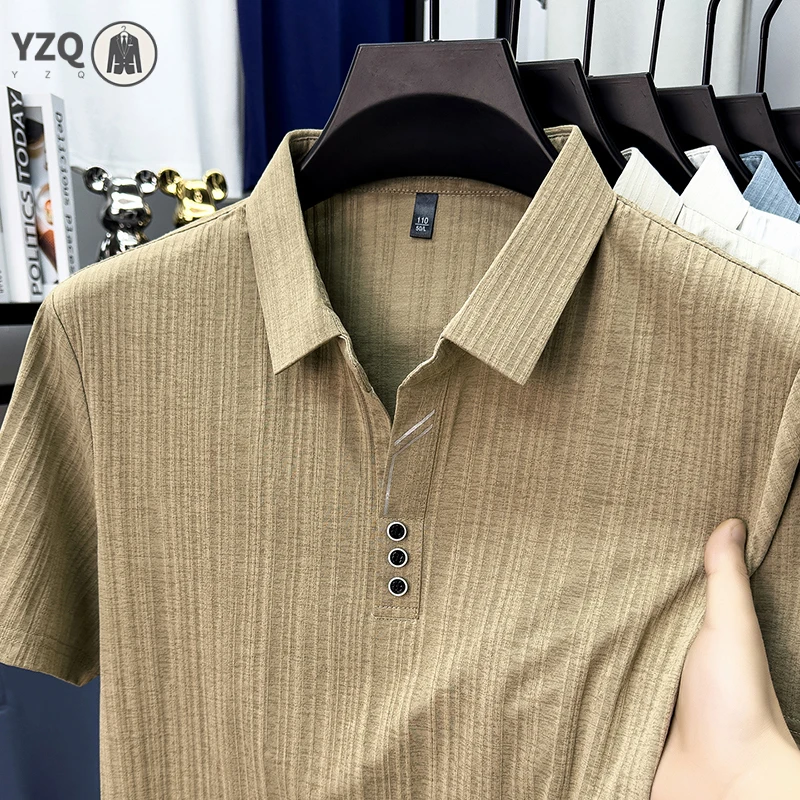 Daily Office Wear Mens Three Button Polo Short Sleeve Subtle Vertical Texture Soft Air Permeable Fabric Stretch Casual Top