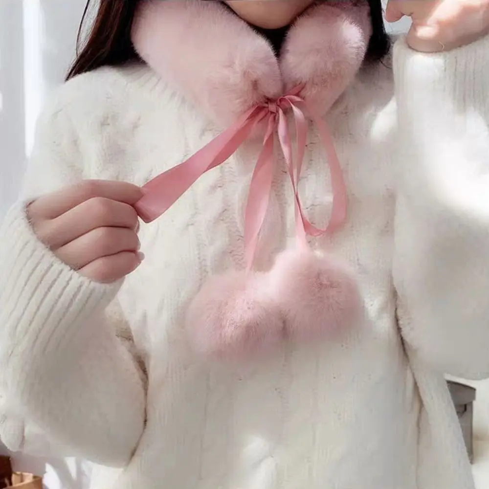 Cute Bow Fake Fur Scarf Collar Scarves Hairball Pendant Women Solid Color Plush Scarf Winter Warm Hanfu Fur Collar Accessories