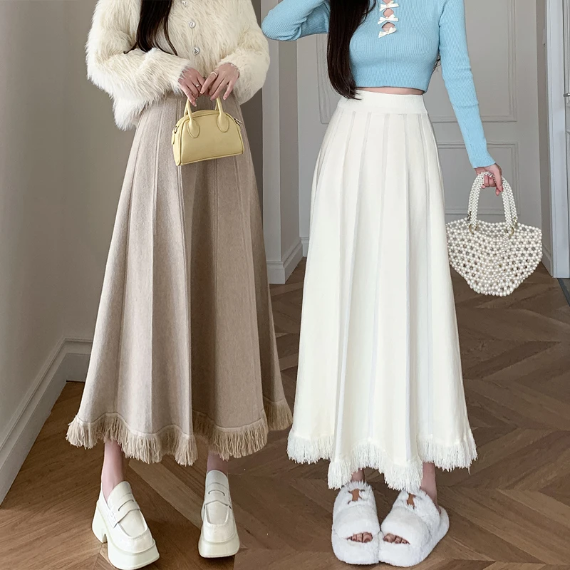 

Retro Knitted Tassel Thiened Beige Midi Skirt Women's Winter High Waist Hips Covering Large Swing Skirt Commute Sle Pure ...