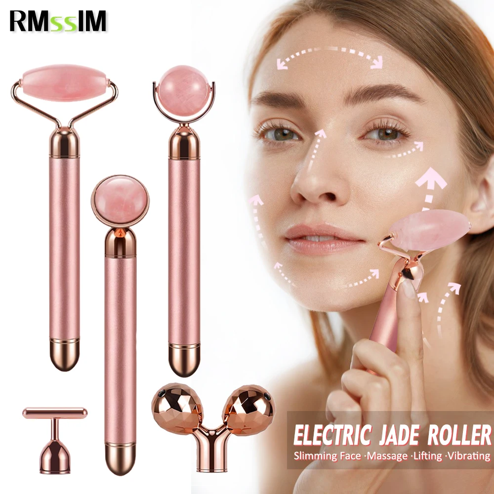 4 In 1 Elektrische Jade Roller Afslanken Gezicht Massage Lifting Vibrerende Natuurlijke Rozenkwarts Jade Roller Steen Facial Beauty Tool