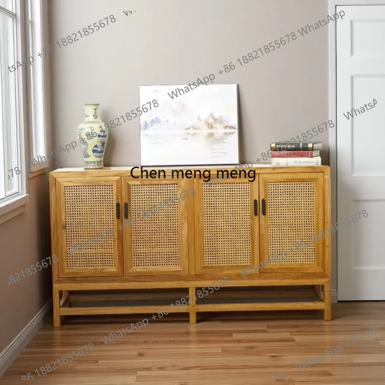 

American style solid wood dining side cabinet rattan door panel locker living room locker