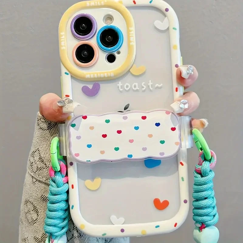 For iPhone 11 12 13 14 15 Phone Shell Colorful Love Heart Phone Case With Crossbody Back Clip And Hanging Rope Cell Phone Funda