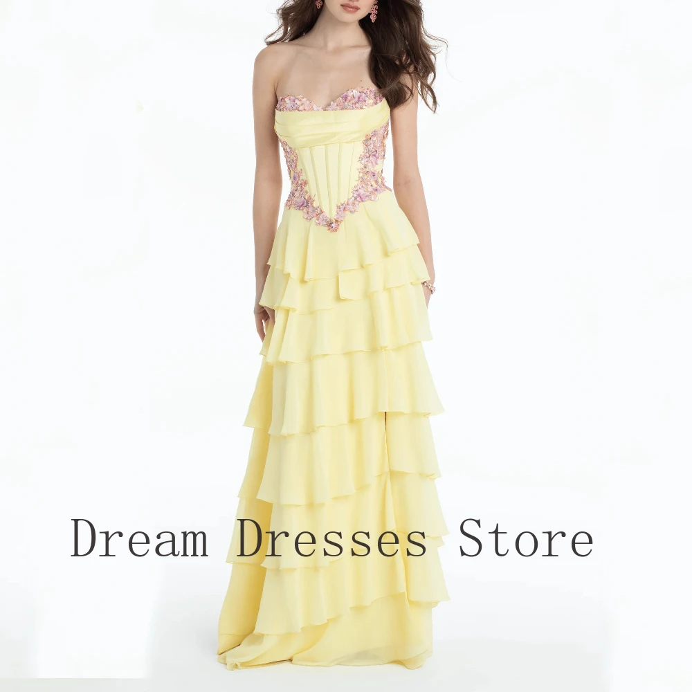 

Customized Simple Chiffon Tiered Pleat Applique Sequined Flower A-line Sweetheart Long Dresses Bespoke Occasion Dresses Elegant