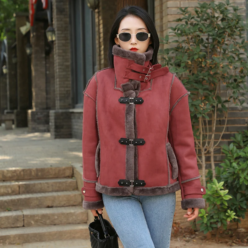 Suede Fur One Lamb Coat Women 2024 New Winter Thickened With Fleece Small Motorcycle Suit