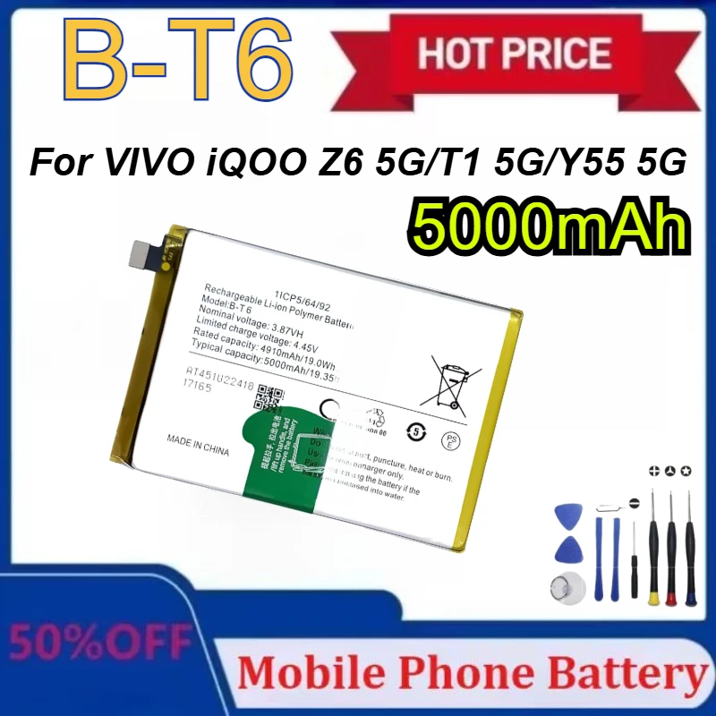 

B-T6 5000mAh for VIVO Y55 5G IQOO Z6 5G High Quality Replacement Battery for VIVO T1 5G V2141 V2157 Phone Repair Battery B-T6
