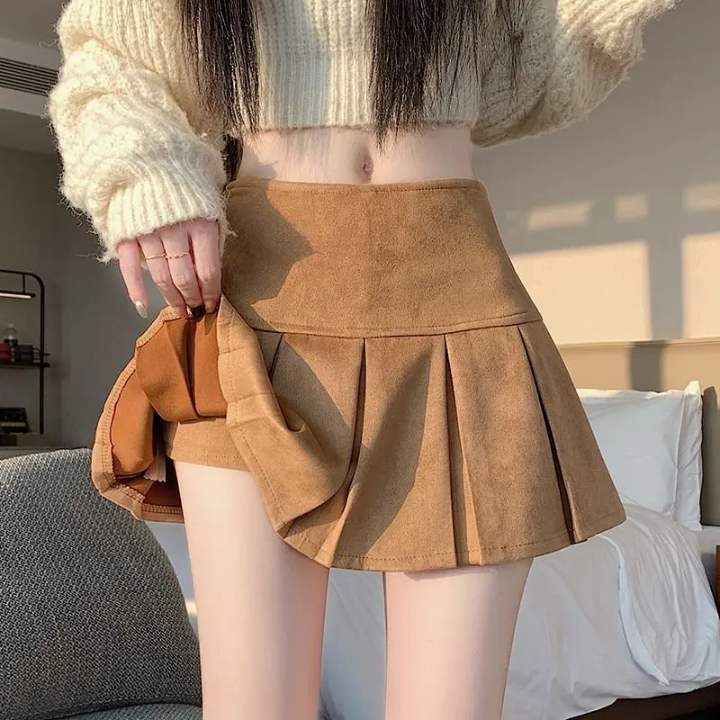 American Retro Khaki Suede Women's Pleated Skirts Autumn Winter Streetwear Sweet Mini Short Jk Skirt Lady