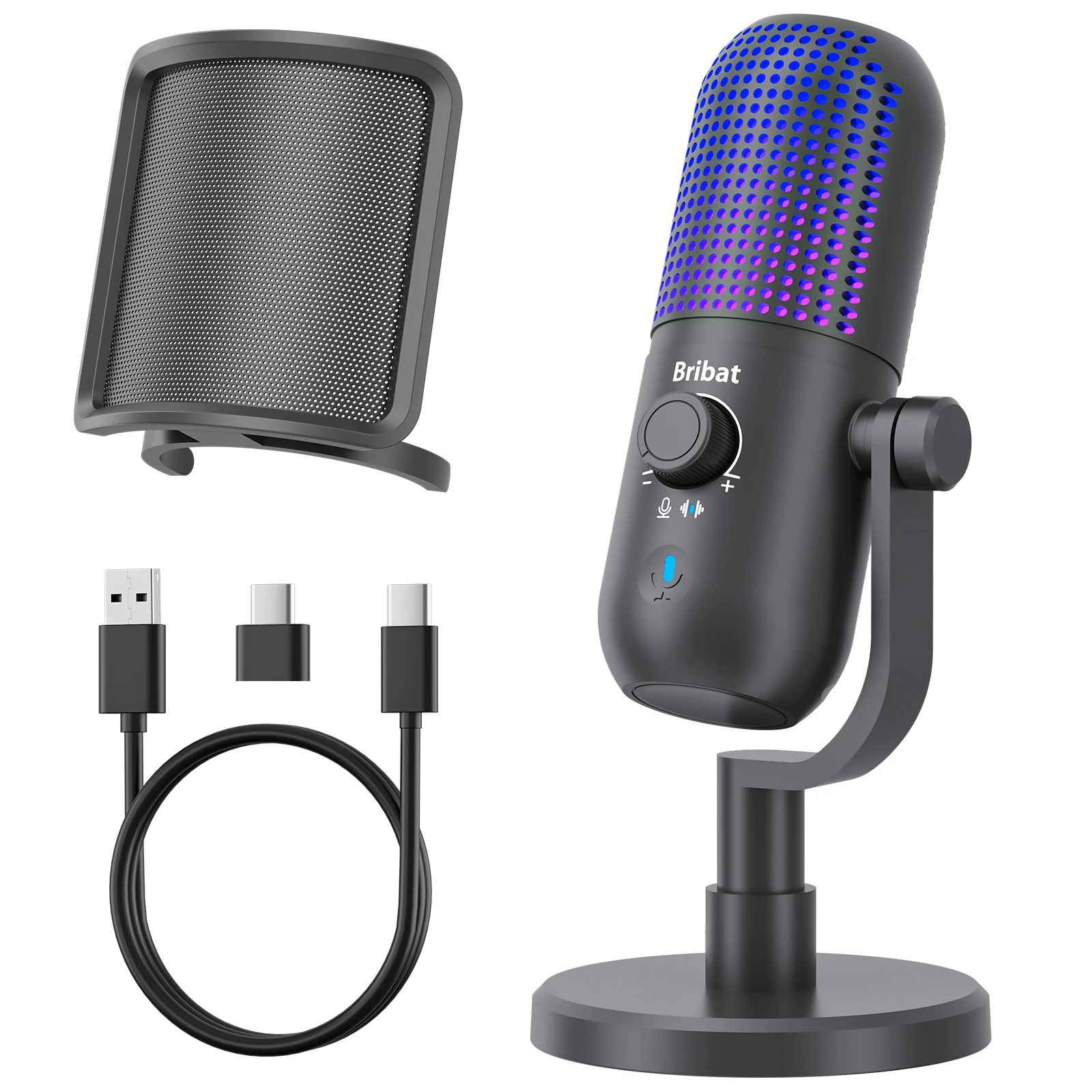 USB Condenser Microphone with Pop Filter Volume Control Headphone Jack RGB Light Mute Button Plug and Play for PC PS4 PS5 Mac St