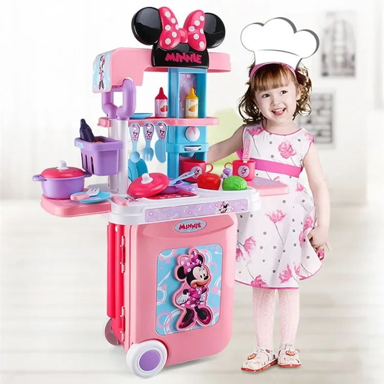 Disney 3 in1 Minnie mouse trolley case kitchen set for kids with light kitchen tableware play house set toys kids birthday gift