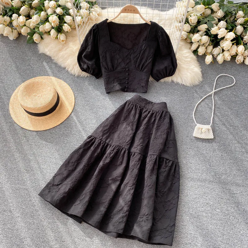 French Set Women's Summer New Age Reducing Bubble Sleeve Short Top Versatile Umbrella Skirt Half Skirt Fashionable Two Piece Set