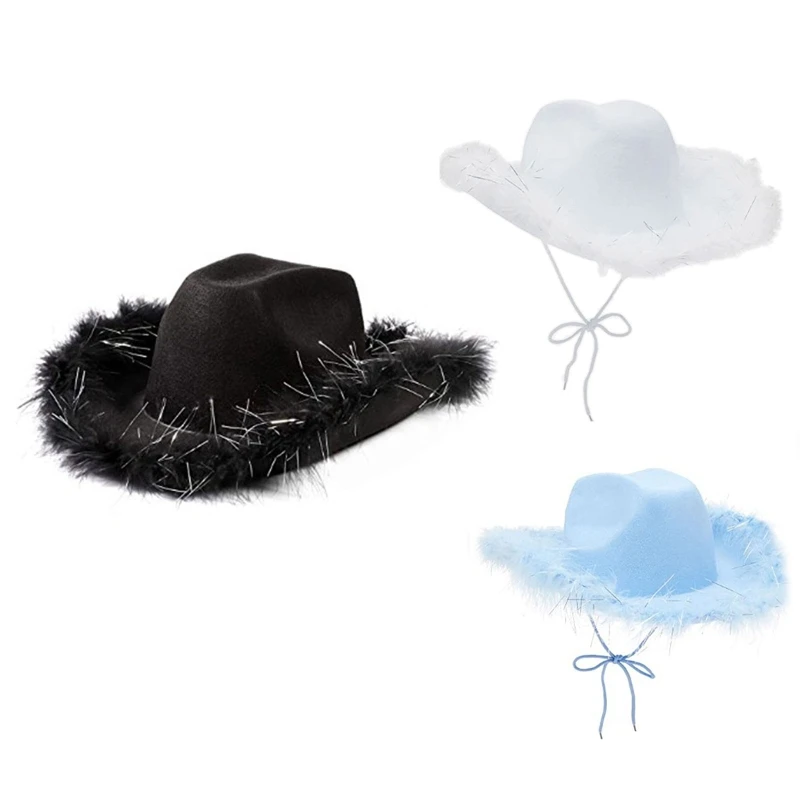 Western Style Cowboy Hat Solid color black white Women Girls Birthday Party Caps with Feather Sequin Decoration Cowgirl Hats