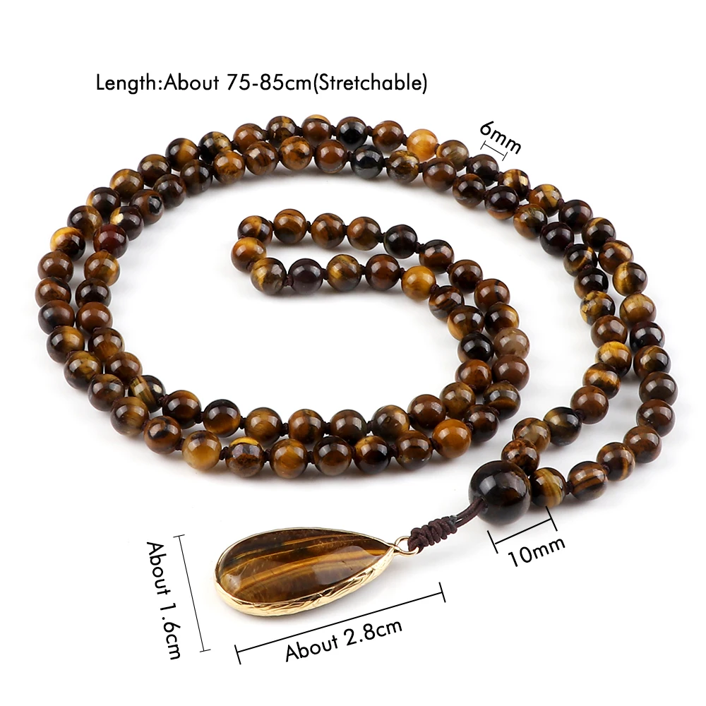 Vintage Design Tiger Auge Stein Halskette Handmade Knotted 6mm 108 Mala Perlen Halsketten Drop Anhänger Frauen Männer Yoga Schmuck geschenke