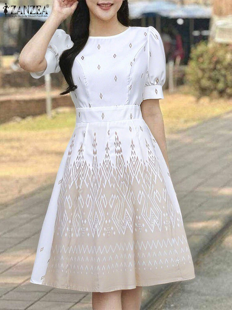 

ZANZEA элегантное вечернее платье женский летний халат 2025 модный сарафан винтажный принт с короткими пышными рукавами и талией OL трапециевидные платья