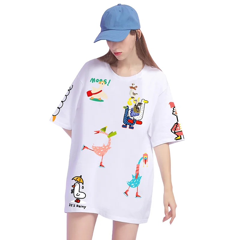 Bear Dog Elephant Rabbit Goose Doll Brooch Women T-shirt Animal Graphics Print Cotton Crew Neck Short-sleeved Lady Summer Tee
