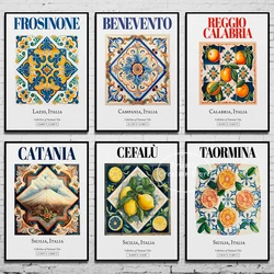 Taormina Sicily Italy Colorful Oranges Tile Pattern Poster Canvas Painting Print Living Room Bedroom Aesthetic Wall Art Decor