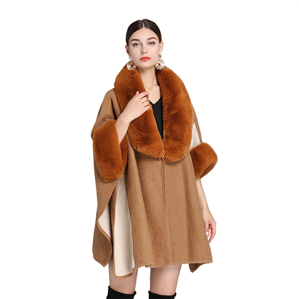 

Women Rex Rabbit Faux Fur Shawl Lady Cashmere Feel Woolen Coat Winter Loose Elegant Wrap Luxury Warm Overcoat Cloak New in Gift