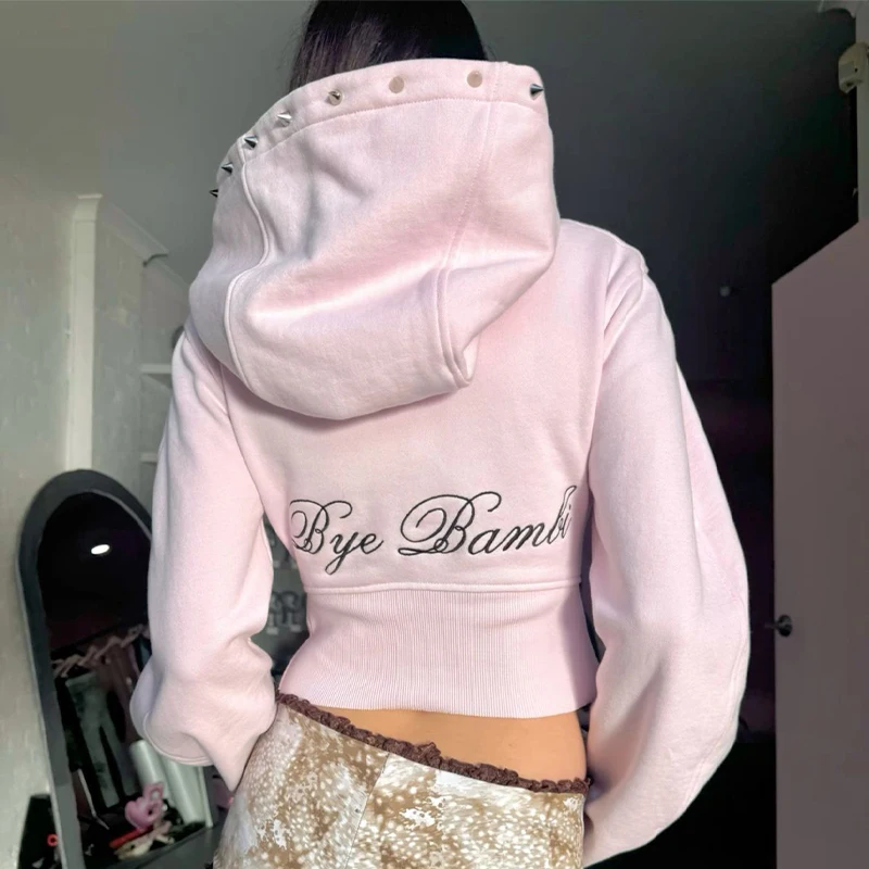 2025 جديد القوطية الشرير الهيب هوب رسالة سحاب مطبوع هوديي Y2K Harajuku الجمالية الشارع الاتجاه شخصية EMO الفتيات اقتصاص القمم