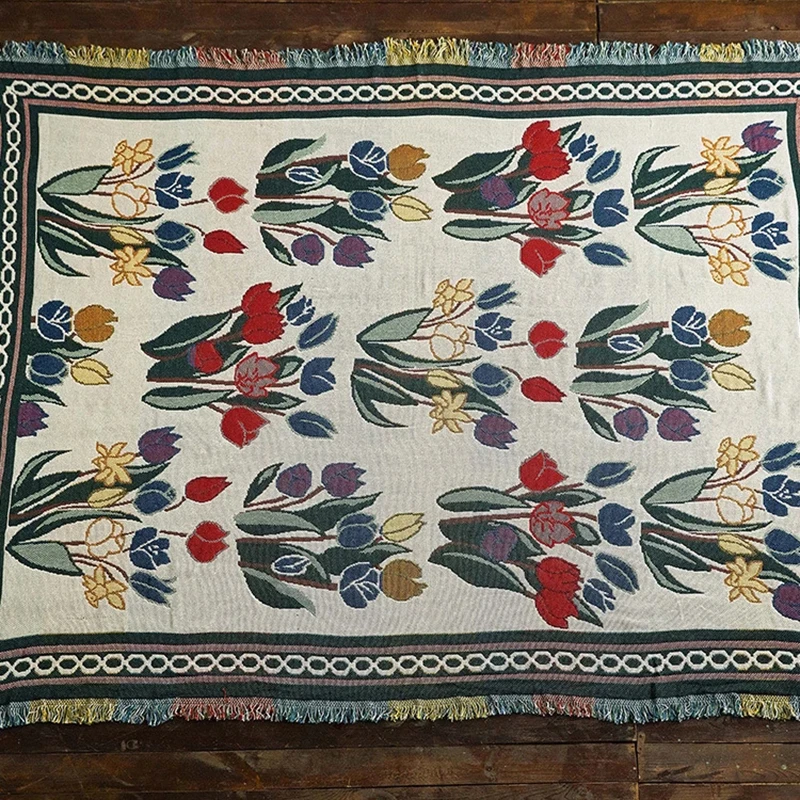 Tulip Flowers Blanket Vintage Throw Sofa Covers Knitted Bedspread Floral Europe Style Outdoor Camping Travel Blankets cobija