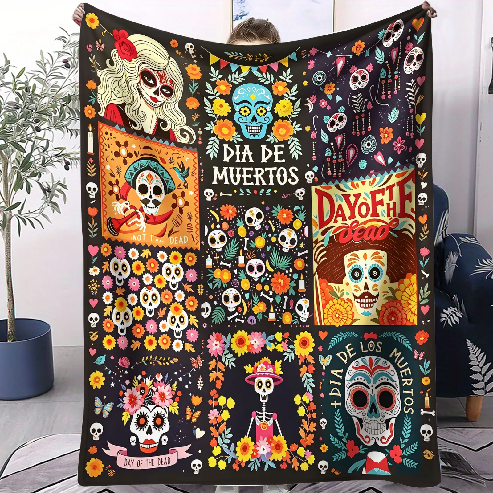 Day of The Dead Flannel Blanket Dia De Muertos Sugar Skull Floral Throw Blanket Soft Lightweight Microfiber Blanket for Sofa Bed