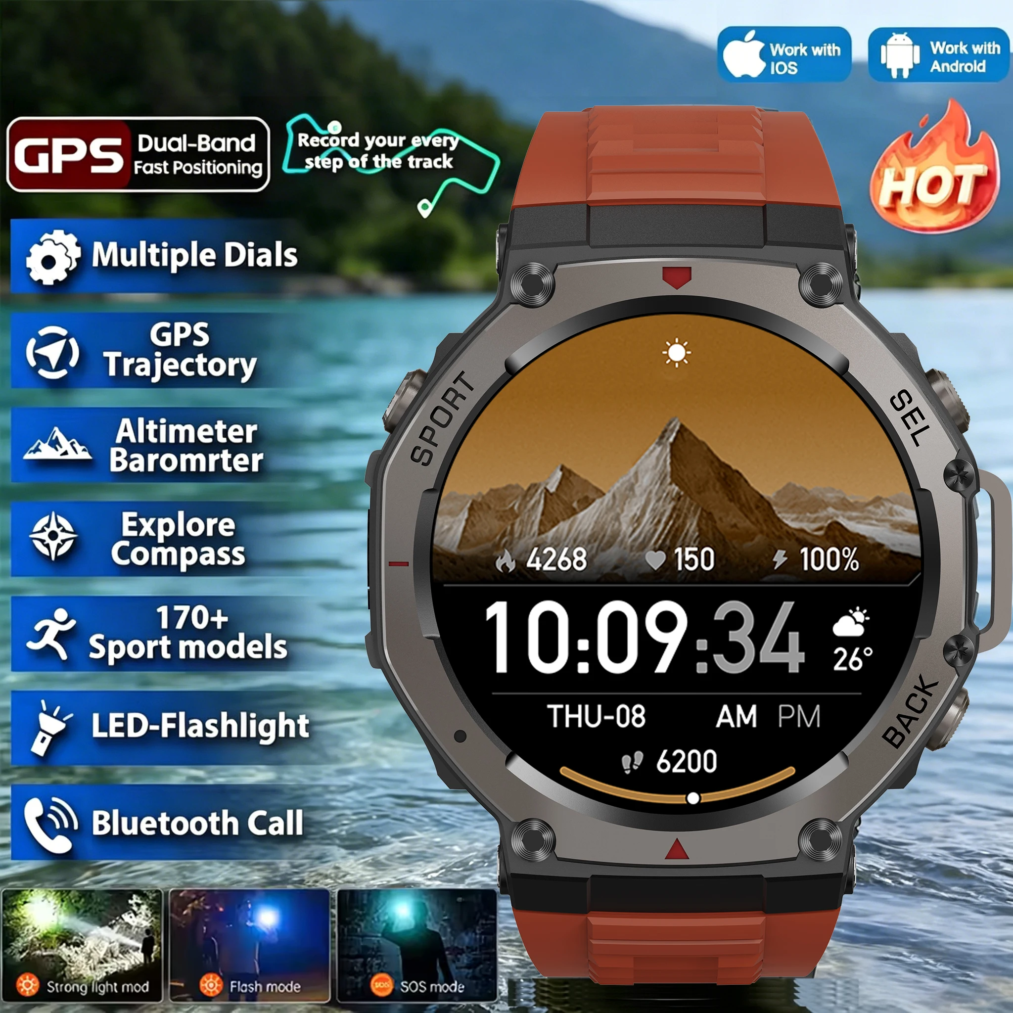 

Смарт-часы для активного отдыха 2026 с GPS, большим экраном 1,43 дюйма, функцией звонков, водонепроницаемостью 5ATM, для мужчин, с аккумулятором 500 мАч, для Android