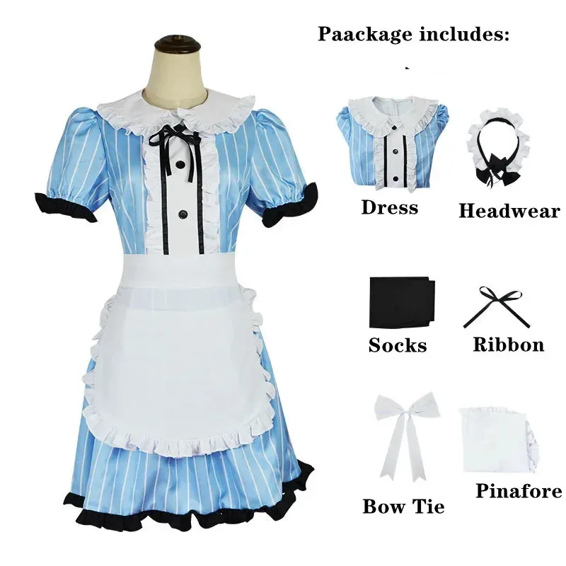 فستان المقهى والشرفة وآلهاته Megami no Kafeterasu Riho Tsukishima Shiragiku Ono Ouka Makusawa فستان الخادمة الأزرق