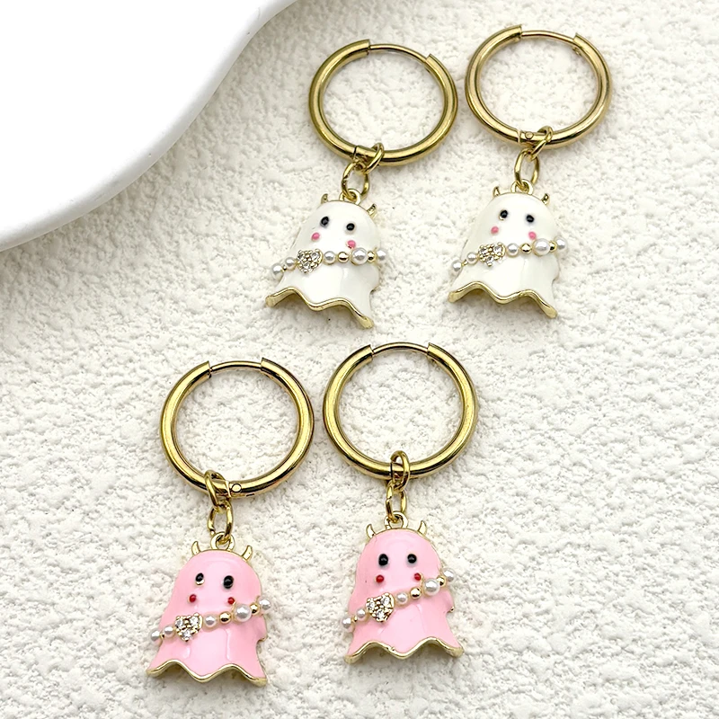 

Cute Pink White Little Ghost Drop Earrings for Women Girls Stainless Steel Gold Color Imitation Pearls Halloween Jewelry Gift