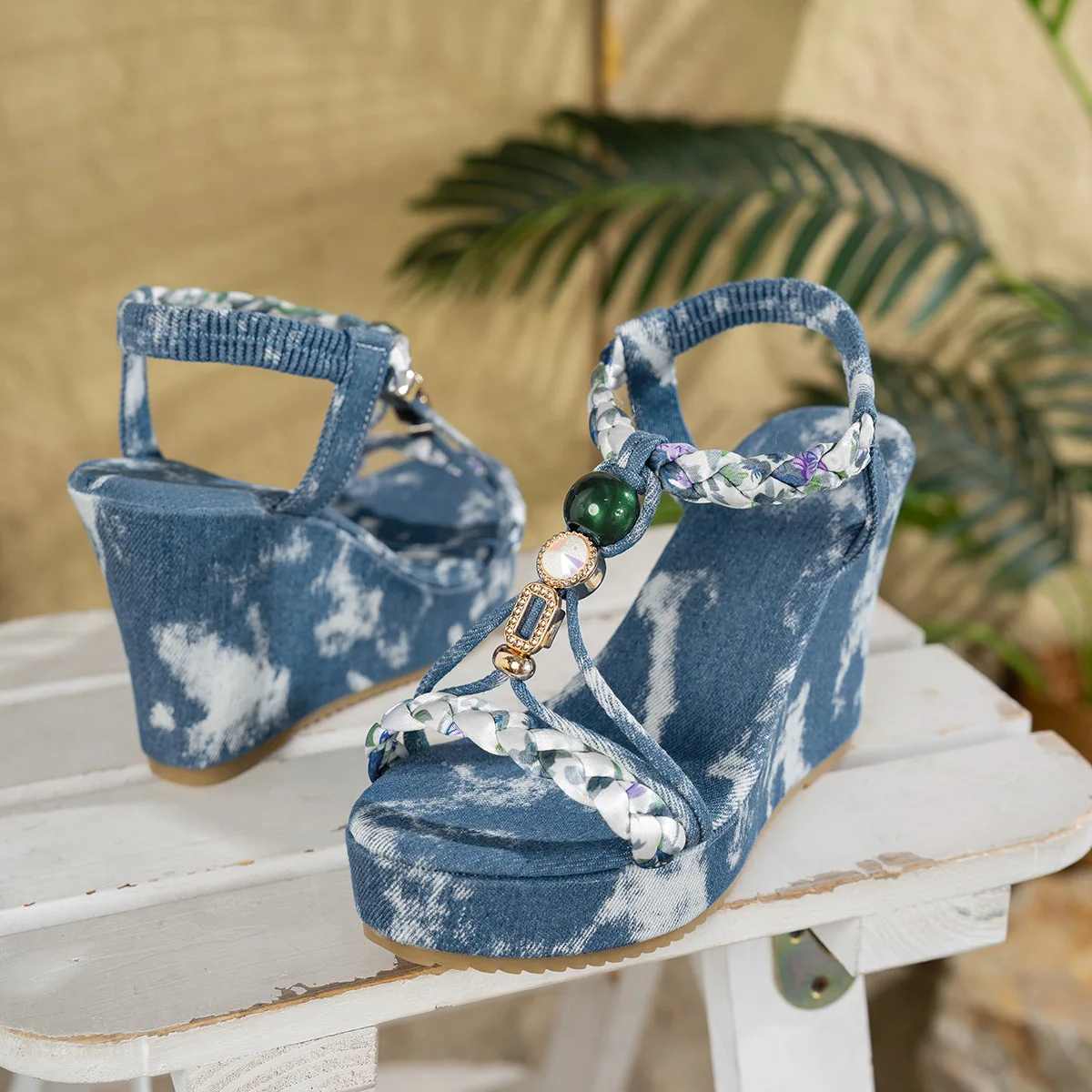 

Римская женская обувь 202, женские сандалии с открытым носком, повседневные сандалии больших размеров, женские туфли на высокой танкетке с эластичной лентой и принтом, женская обувь