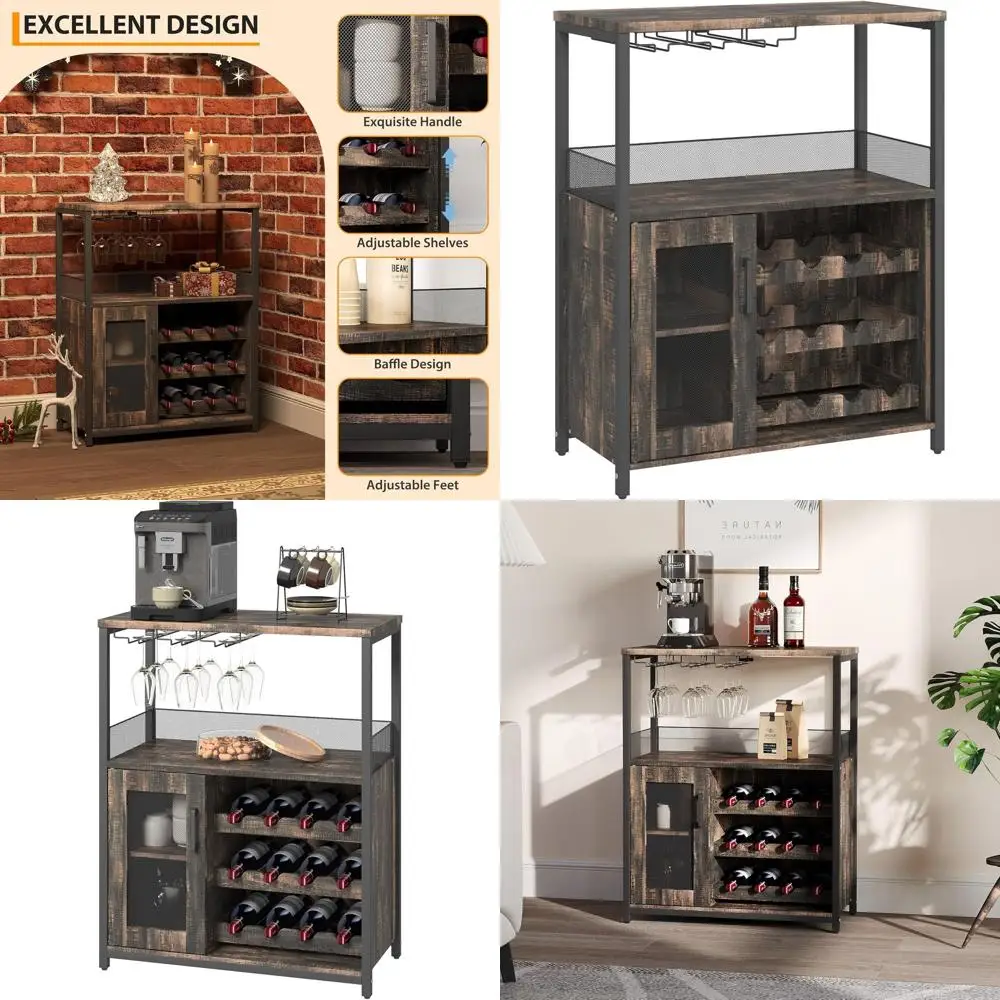 

36 Tall Detachable Wine Rack Cabinet, Mesh Door Liquor Storage for Kitchen, Dining, Living Room in Burnt Color