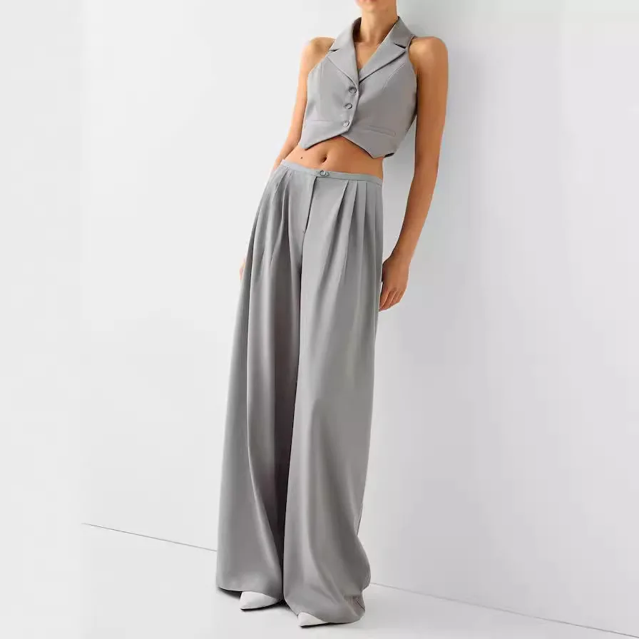 2024 New Gray Sleeveless Halter neck Suit V-Neck Sleeveless Vest Temperament Intellectual Commuting Drap Pants Suit Fabric