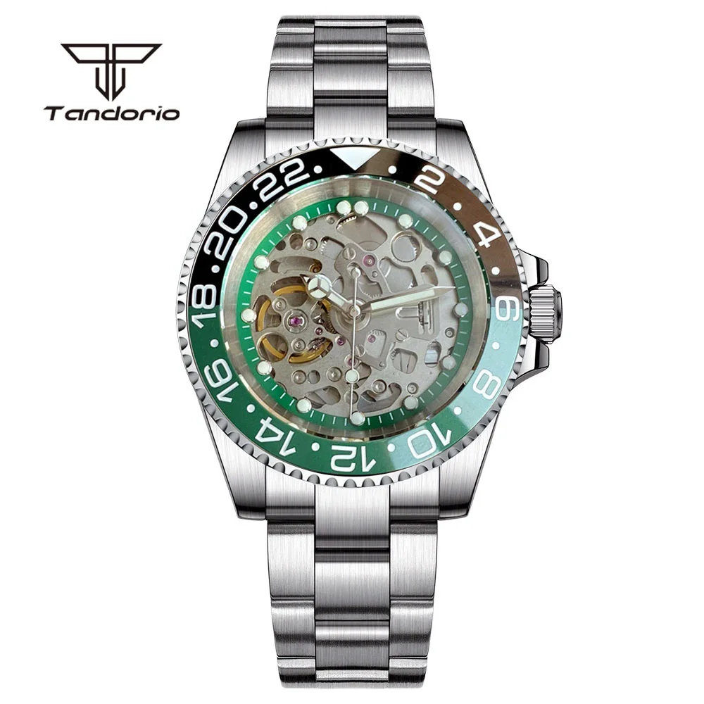 Tandorio Stainless Steel Automatic Men Watch Sapphire Skeleton NH70 Hollow Dial 40mm Mechanical Wristwatch Ceramic Bezel 20atm