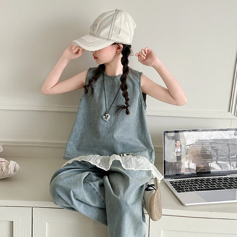 Children Clothes Girls Summer 2026 Denim Sleeveless Tops and Wide Leg Jeans Suit for 110-170cm 21-51kg 3-15 Years Old