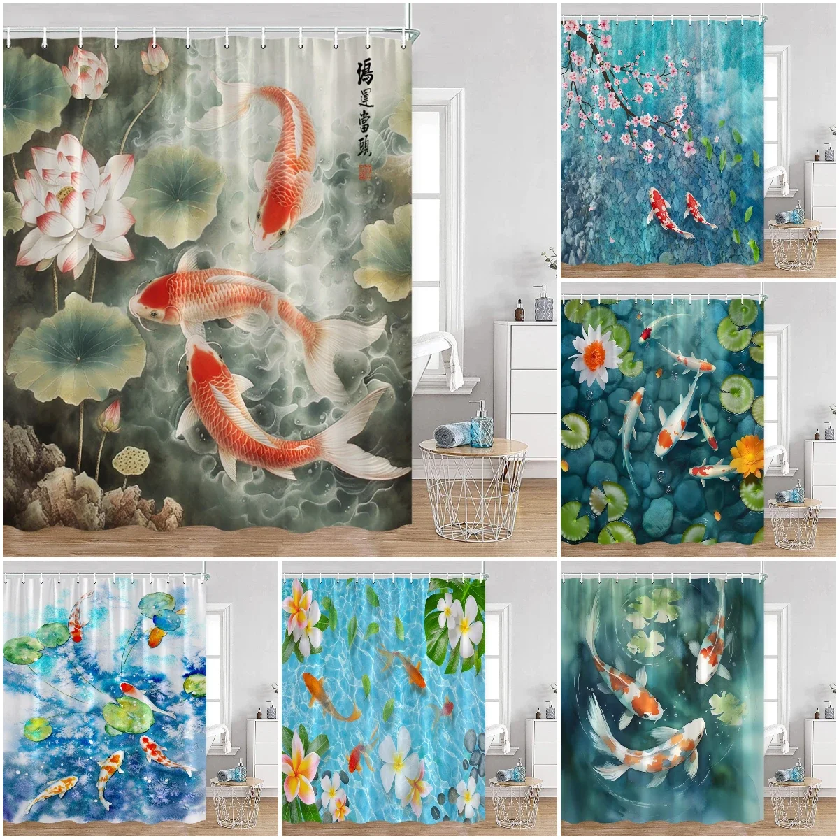 

Pink Flowers Koi Carp Shower Curtains Cherry Blossom Pond Watercolor Floral Bathroom Decoration Polyester Fabric Bathtub Curtain