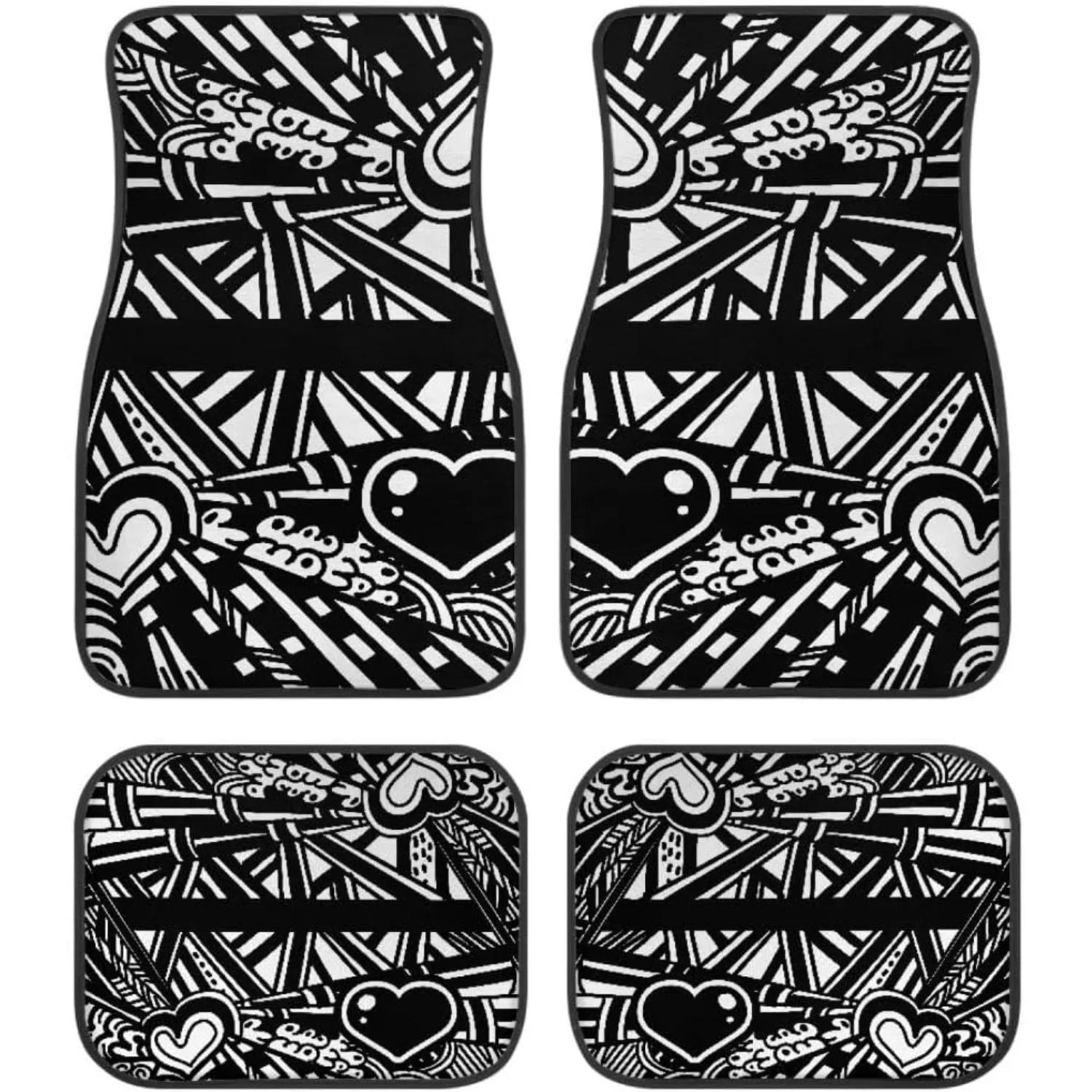 Black White Heart Flowers Print Colorful Car Floor Mats For Most Cars Sedan SUV Truck, All Weather Front & Rear Automotive Floor